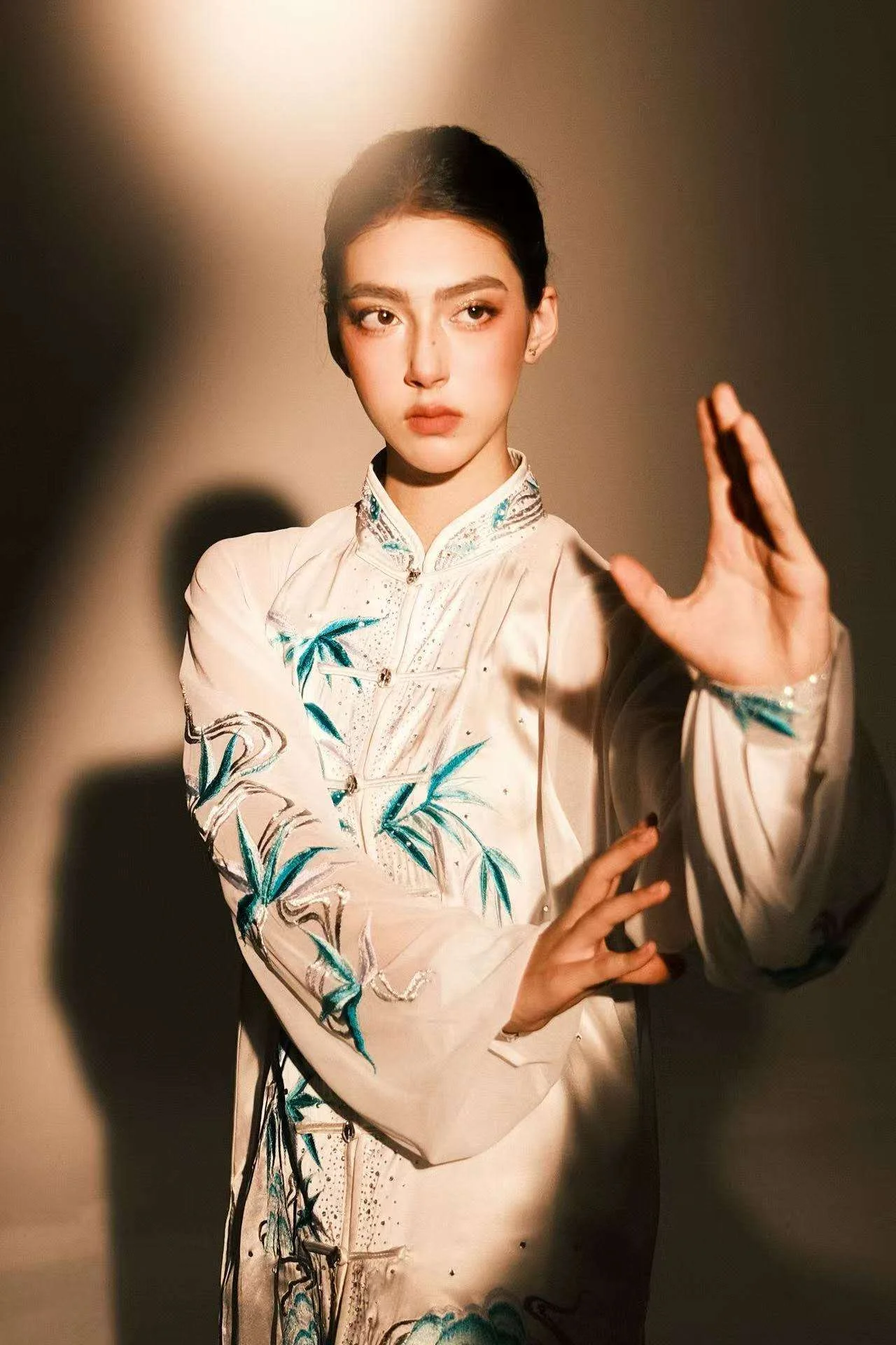 Annie Harris — wushu editorial, close-up push-hand pose, dramatic rim lighting